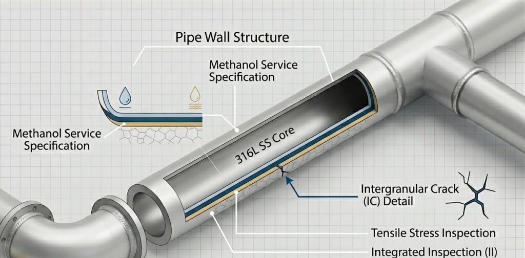Stress corrosion cracking in methanol-exposed steel pipe