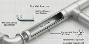 Stress corrosion cracking in methanol-exposed steel pipe