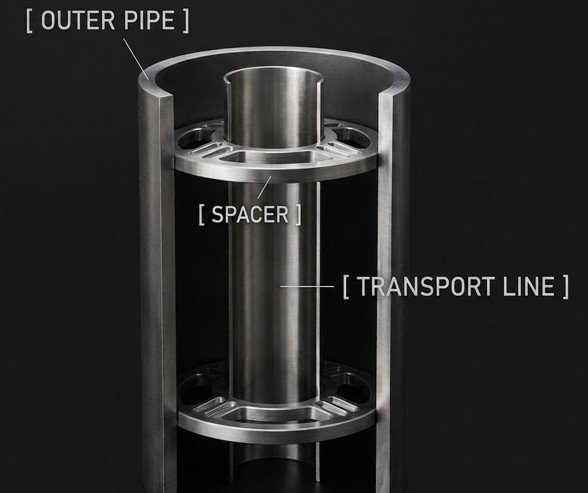 Cross-section of a double-walled pipe for methanol fuel, showing inner pipe, annular space and outer jacket