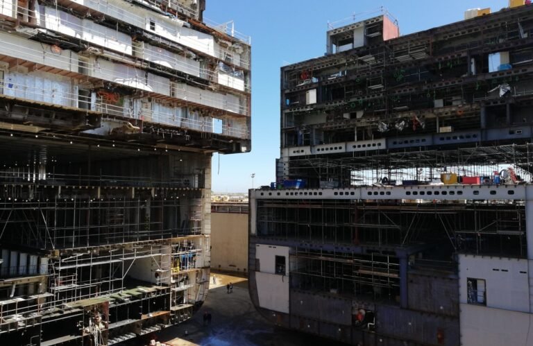 Ship hull block during a retrofit project in dry dock